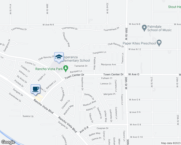 map of restaurants, bars, coffee shops, grocery stores, and more near 3346 Racquet Lane in Palmdale