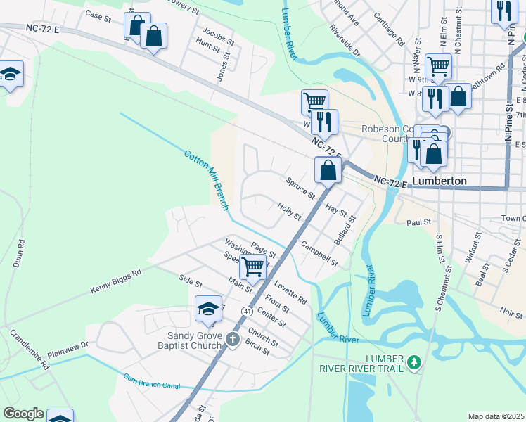 map of restaurants, bars, coffee shops, grocery stores, and more near 802 Palm Court in Lumberton
