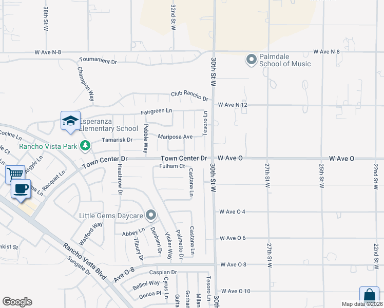 map of restaurants, bars, coffee shops, grocery stores, and more near 40407 Milan Drive in Palmdale