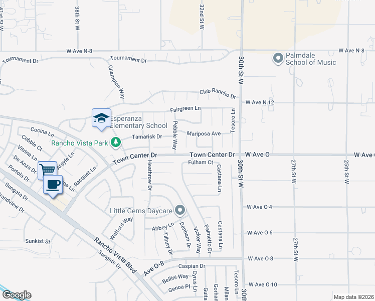 map of restaurants, bars, coffee shops, grocery stores, and more near 40406 Elderberry Court in Palmdale