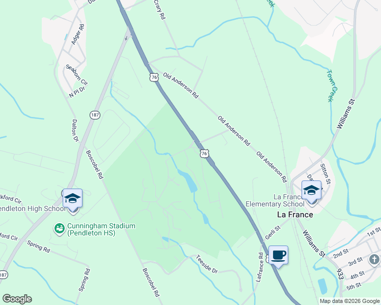 map of restaurants, bars, coffee shops, grocery stores, and more near 101 Kenneth Court in Pendleton