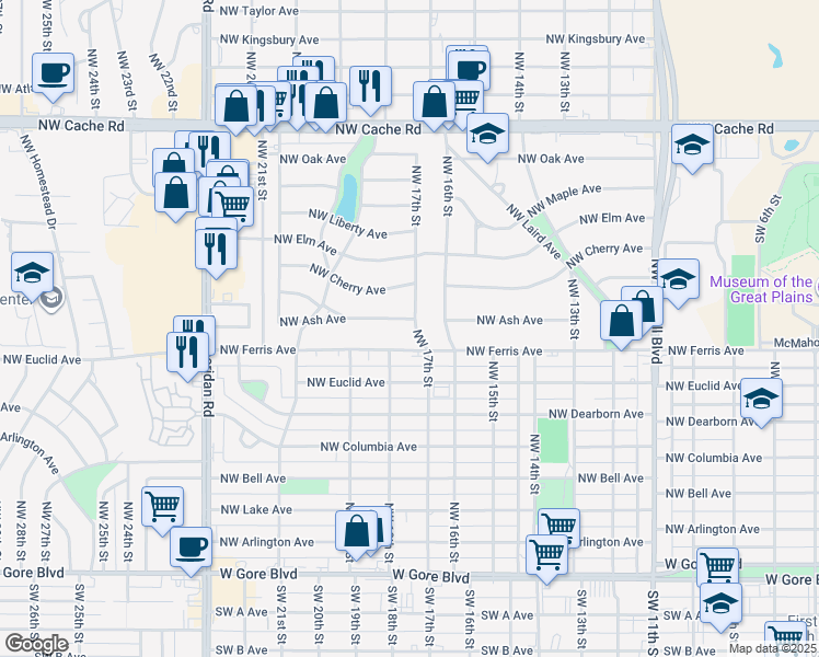 map of restaurants, bars, coffee shops, grocery stores, and more near 1706 Northwest Ash Avenue in Lawton