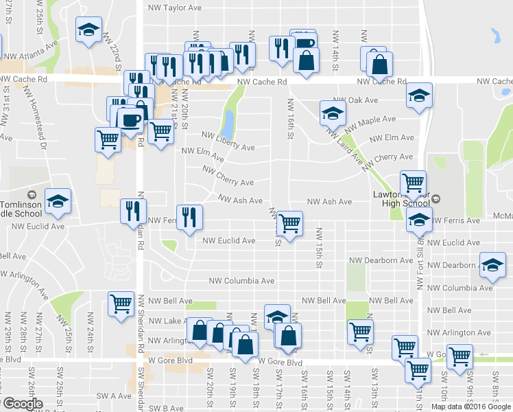 map of restaurants, bars, coffee shops, grocery stores, and more near 1706 Northwest Ash Avenue in Lawton