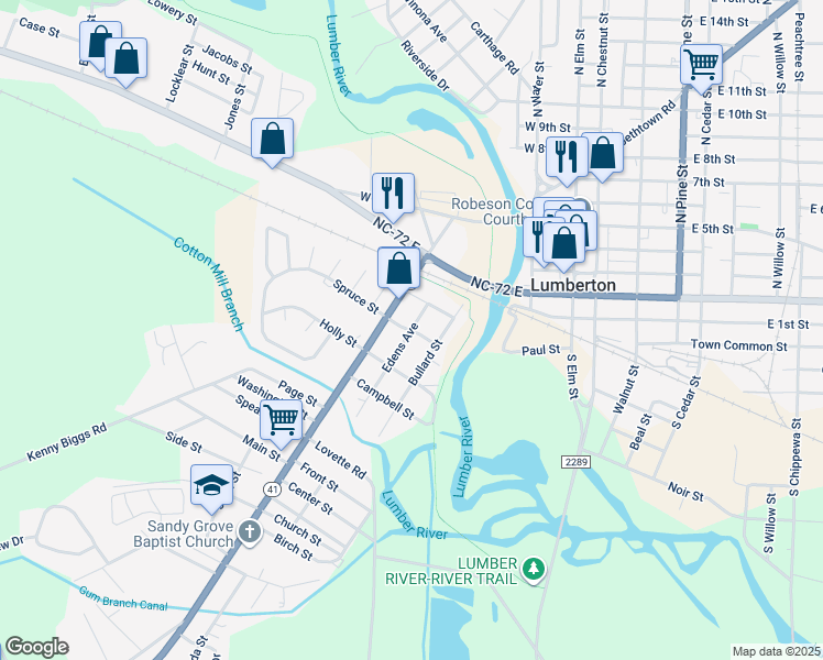 map of restaurants, bars, coffee shops, grocery stores, and more near Hay Street in Lumberton