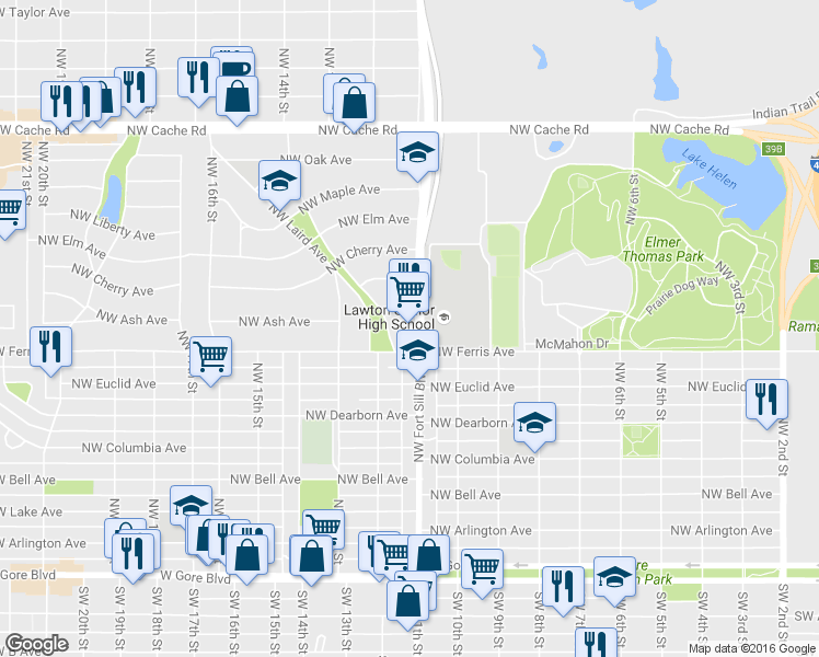 map of restaurants, bars, coffee shops, grocery stores, and more near 720 Northwest Fort Sill Boulevard in Lawton