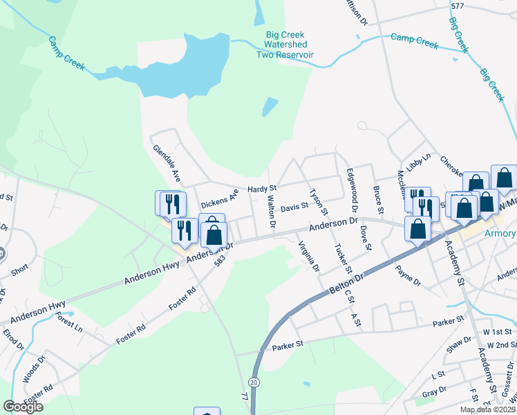 map of restaurants, bars, coffee shops, grocery stores, and more near 206 Duckworth Drive in Williamston