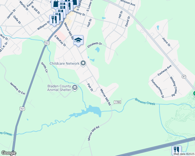 map of restaurants, bars, coffee shops, grocery stores, and more near 605 Mercer Mill Road in Elizabethtown