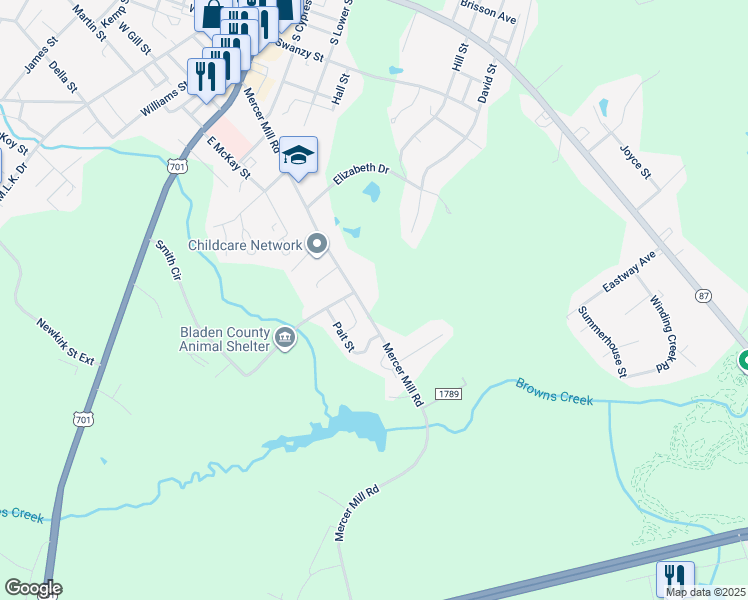 map of restaurants, bars, coffee shops, grocery stores, and more near 605 Mercer Mill Road in Elizabethtown
