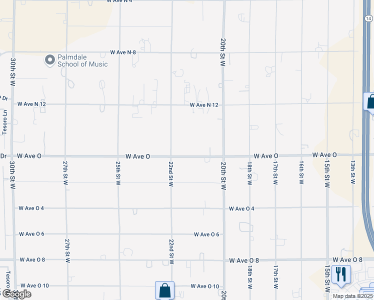 map of restaurants, bars, coffee shops, grocery stores, and more near 2127 West Avenue O in Palmdale