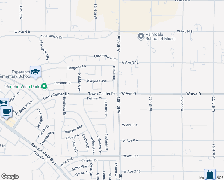 map of restaurants, bars, coffee shops, grocery stores, and more near 40411 Tesoro Lane in Palmdale