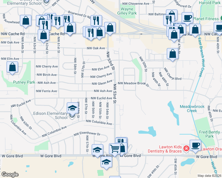map of restaurants, bars, coffee shops, grocery stores, and more near 5305 Northwest Ash Avenue in Lawton
