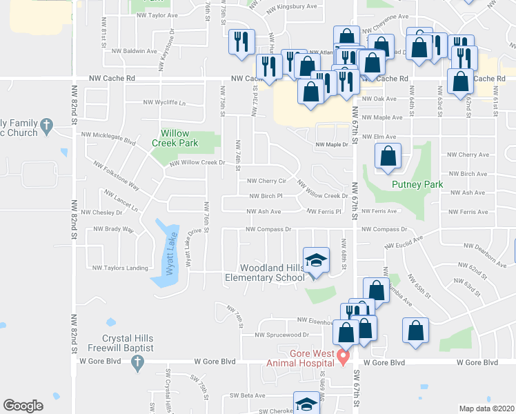 map of restaurants, bars, coffee shops, grocery stores, and more near 7123 Northwest Ash Avenue in Lawton