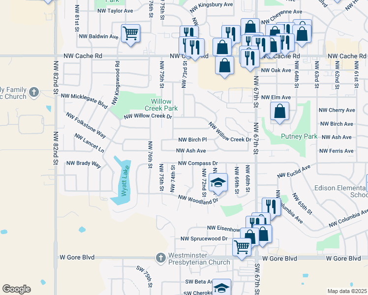 map of restaurants, bars, coffee shops, grocery stores, and more near 7125 NW Ash Ave in Lawton
