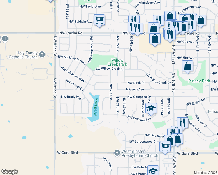 map of restaurants, bars, coffee shops, grocery stores, and more near 7601 Chesley Drive in Lawton