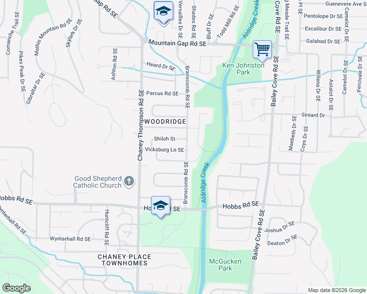 map of restaurants, bars, coffee shops, grocery stores, and more near 1025 Vicksburg Lane Southeast in Huntsville