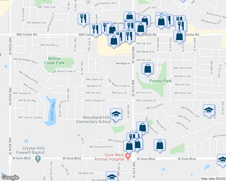 map of restaurants, bars, coffee shops, grocery stores, and more near 6819 Northwest Ferris Place in Lawton