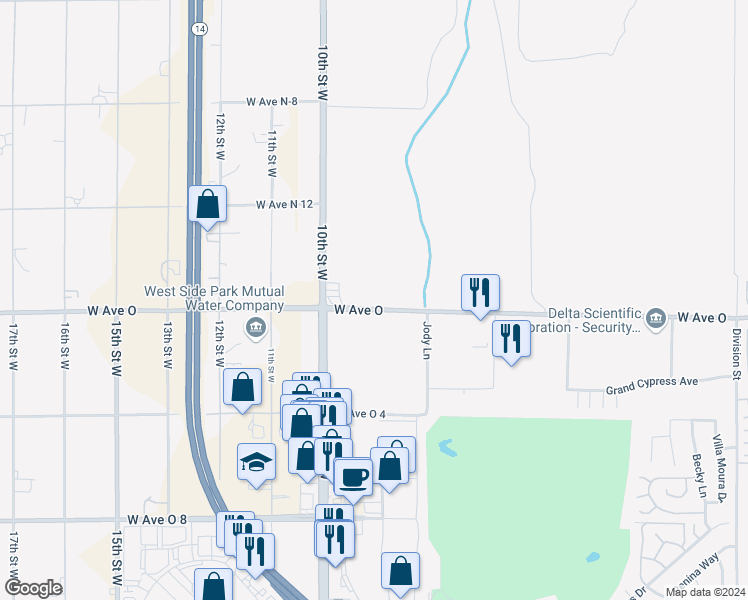 map of restaurants, bars, coffee shops, grocery stores, and more near West Avenue O in Palmdale