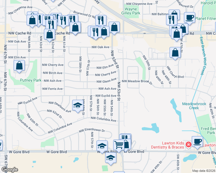 map of restaurants, bars, coffee shops, grocery stores, and more near 5319 Northwest Ash Avenue in Lawton