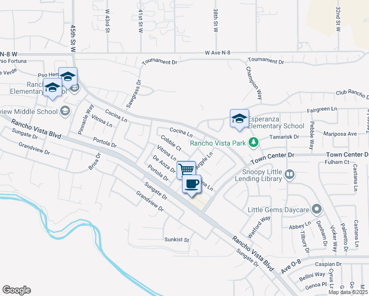 map of restaurants, bars, coffee shops, grocery stores, and more near 40405 Dawn Court in Palmdale
