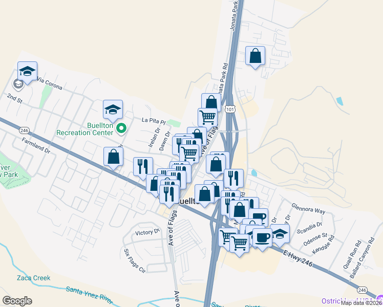 map of restaurants, bars, coffee shops, grocery stores, and more near 545 Avenue Of The Flags in Buellton