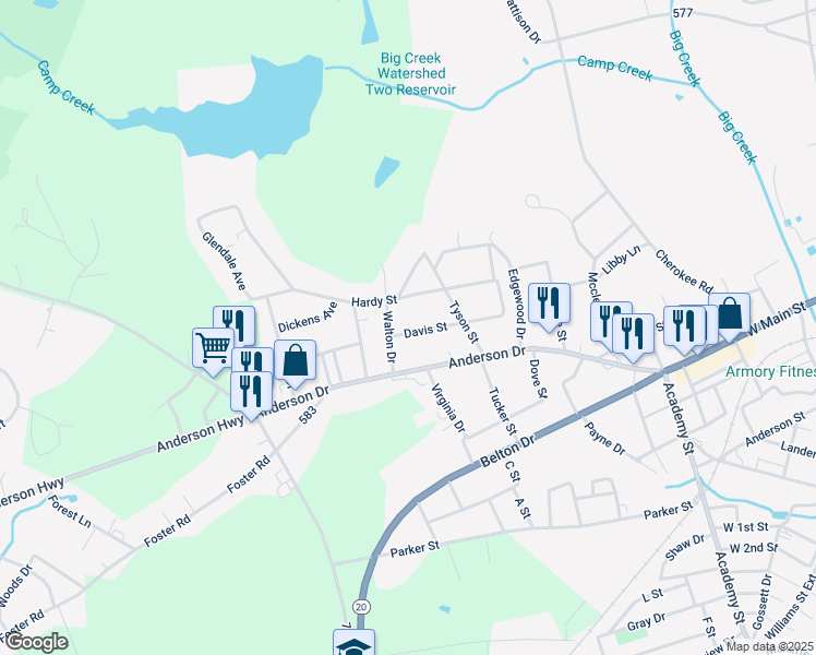 map of restaurants, bars, coffee shops, grocery stores, and more near 120 Davis Street in Williamston