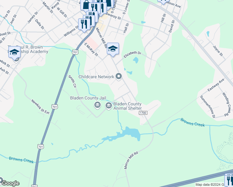 map of restaurants, bars, coffee shops, grocery stores, and more near 510 Mercer Mill Road in Elizabethtown
