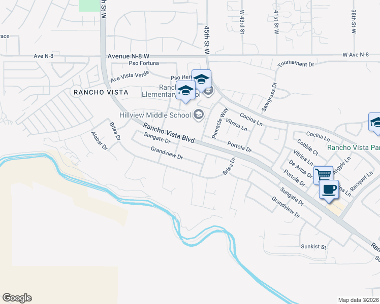 map of restaurants, bars, coffee shops, grocery stores, and more near 4544 Sungate Drive in Palmdale
