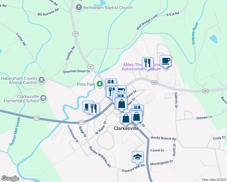 map of restaurants, bars, coffee shops, grocery stores, and more near Bridge Street in Clarkesville