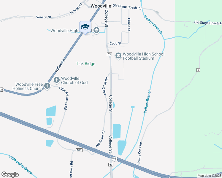 map of restaurants, bars, coffee shops, grocery stores, and more near County Road 63 in Woodville
