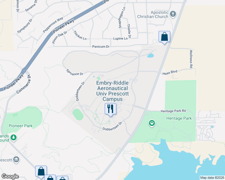 map of restaurants, bars, coffee shops, grocery stores, and more near 3700 Willow Creek Road in Prescott