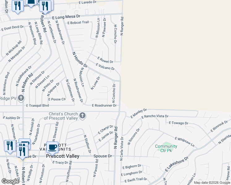 map of restaurants, bars, coffee shops, grocery stores, and more near 5133 North Concho Drive in Prescott Valley