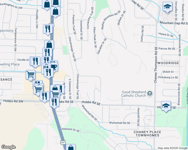 map of restaurants, bars, coffee shops, grocery stores, and more near 523 Farmingdale Road Southeast in Huntsville