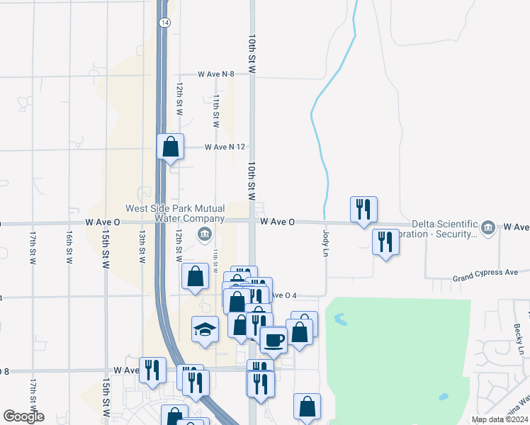 map of restaurants, bars, coffee shops, grocery stores, and more near 40420 10th Street West in Palmdale