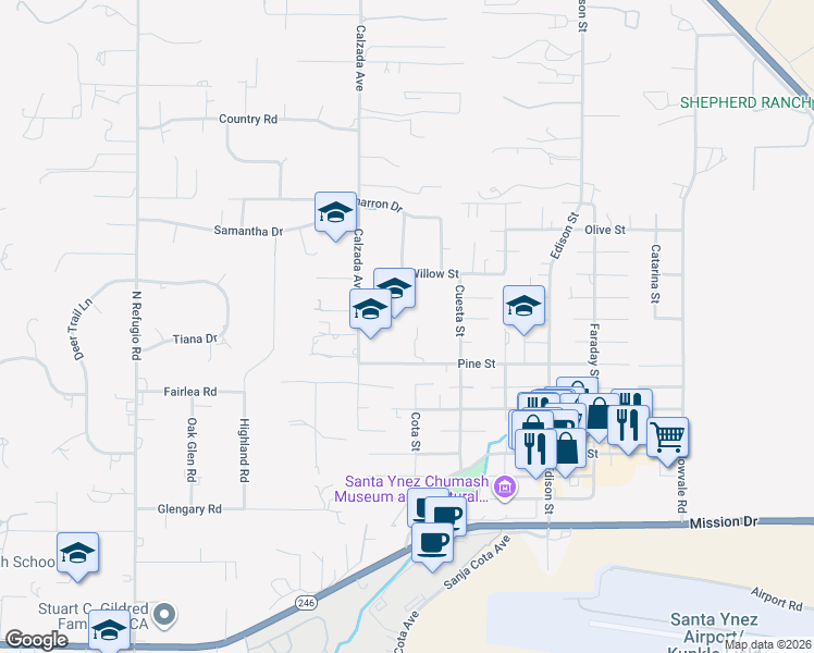 map of restaurants, bars, coffee shops, grocery stores, and more near 3325 Pine Street in Santa Ynez