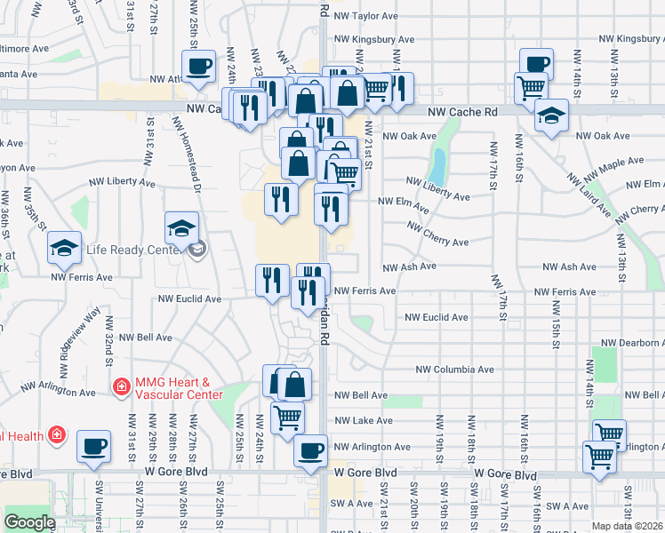 map of restaurants, bars, coffee shops, grocery stores, and more near 802 Northwest Sheridan Road in Lawton