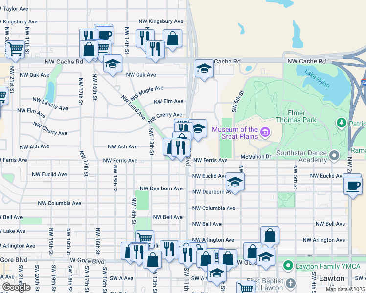 map of restaurants, bars, coffee shops, grocery stores, and more near 601 Northwest Fort Sill Boulevard in Lawton