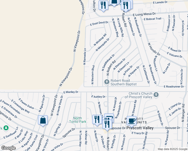 map of restaurants, bars, coffee shops, grocery stores, and more near 5115 North Western Boulevard in Prescott Valley