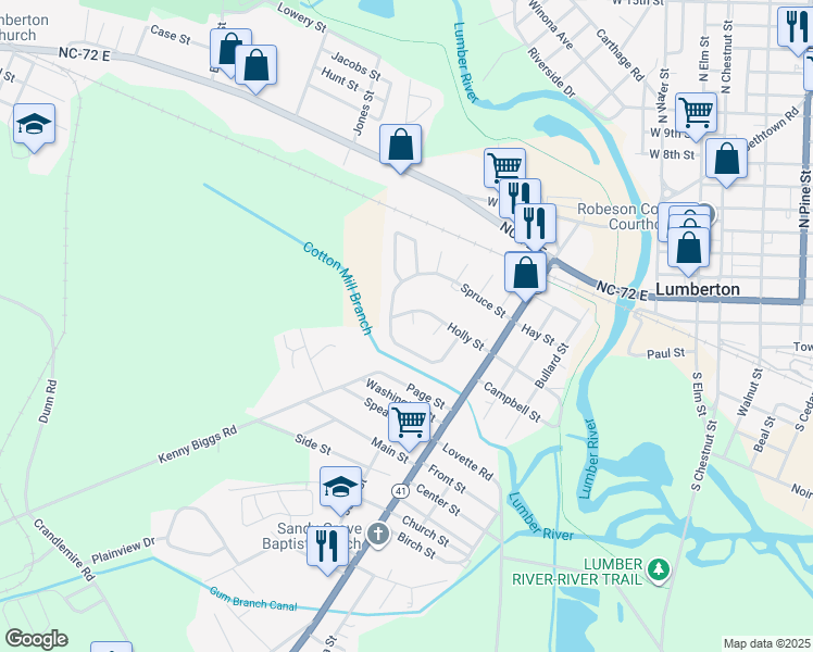map of restaurants, bars, coffee shops, grocery stores, and more near 802 Palm Court in Lumberton