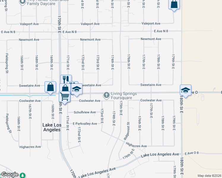 map of restaurants, bars, coffee shops, grocery stores, and more near 17350 Sweetaire Avenue in Lancaster