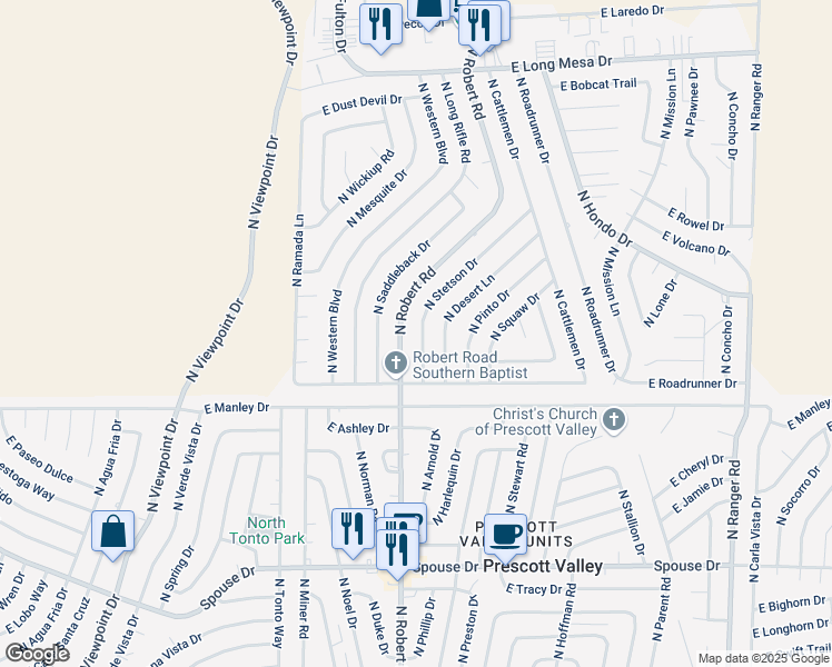 map of restaurants, bars, coffee shops, grocery stores, and more near 5120 North Stetson Drive in Prescott Valley
