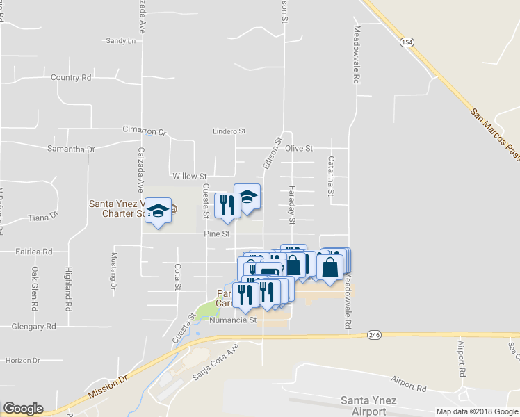 map of restaurants, bars, coffee shops, grocery stores, and more near 3540 Cedar Street in Santa Ynez