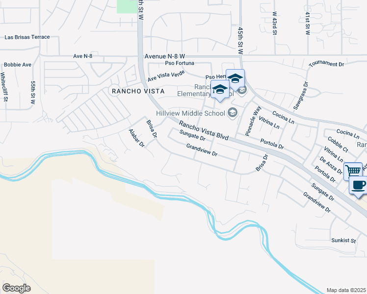 map of restaurants, bars, coffee shops, grocery stores, and more near 4718 Grandview Drive in Palmdale