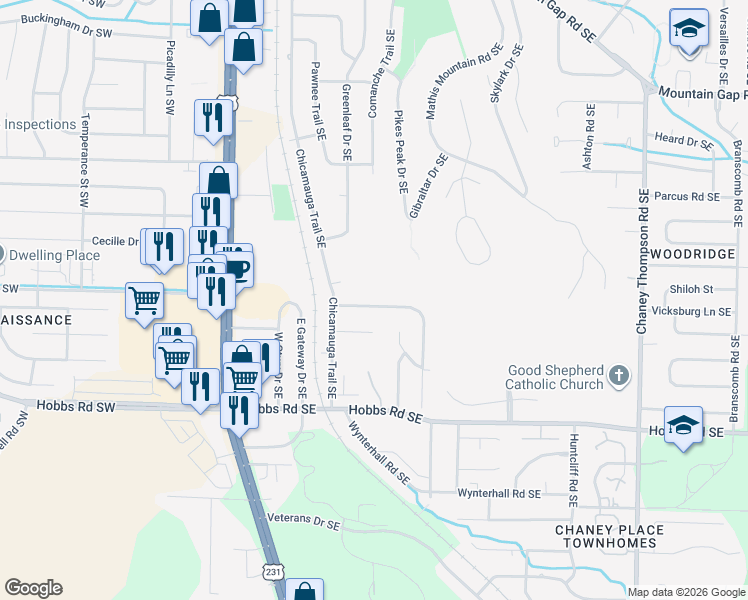 map of restaurants, bars, coffee shops, grocery stores, and more near 523 Farmingdale Road Southeast in Huntsville