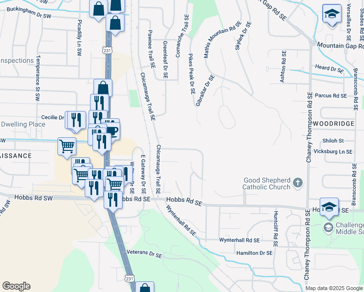 map of restaurants, bars, coffee shops, grocery stores, and more near 523 Farmingdale Road Southeast in Huntsville
