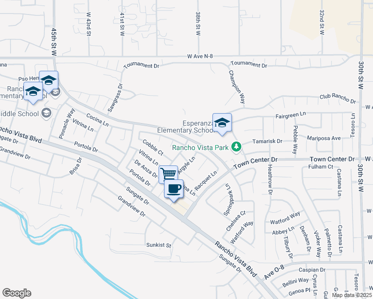 map of restaurants, bars, coffee shops, grocery stores, and more near 3832 Cocina Lane in Palmdale
