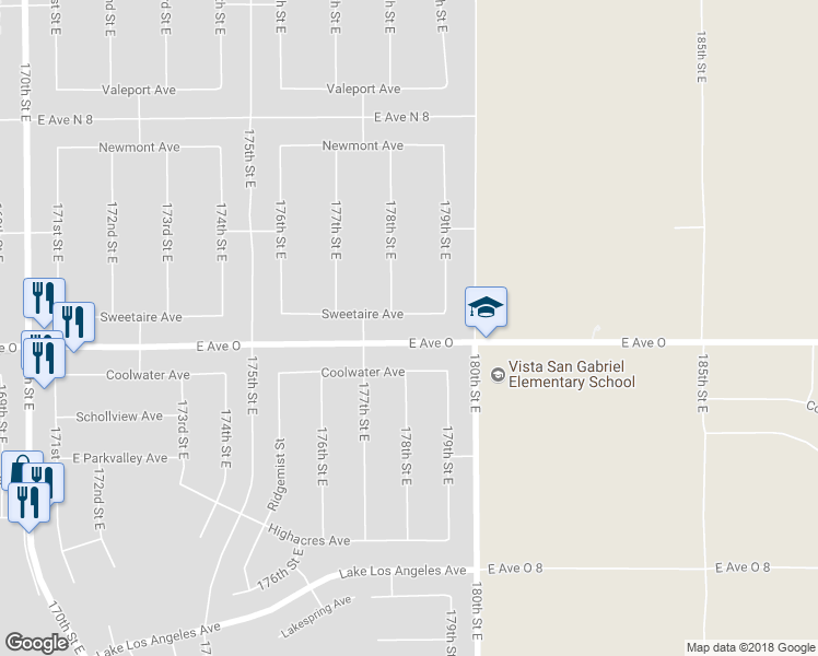 map of restaurants, bars, coffee shops, grocery stores, and more near 17818 Sweetaire Avenue in Lancaster