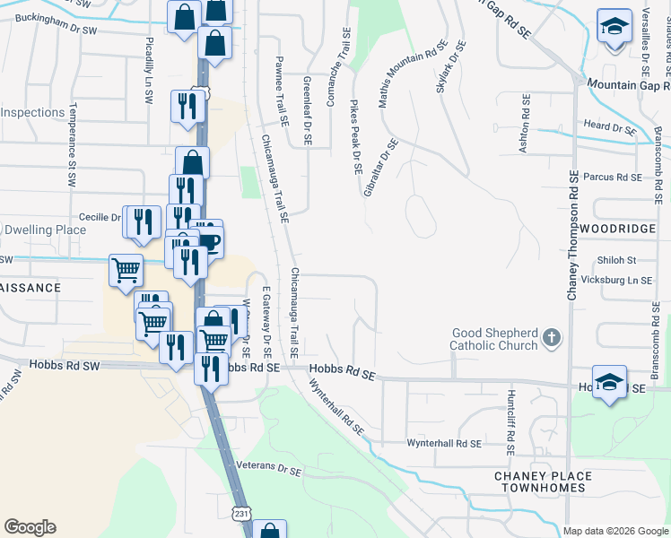 map of restaurants, bars, coffee shops, grocery stores, and more near 525 Farmingdale Road Southeast in Huntsville