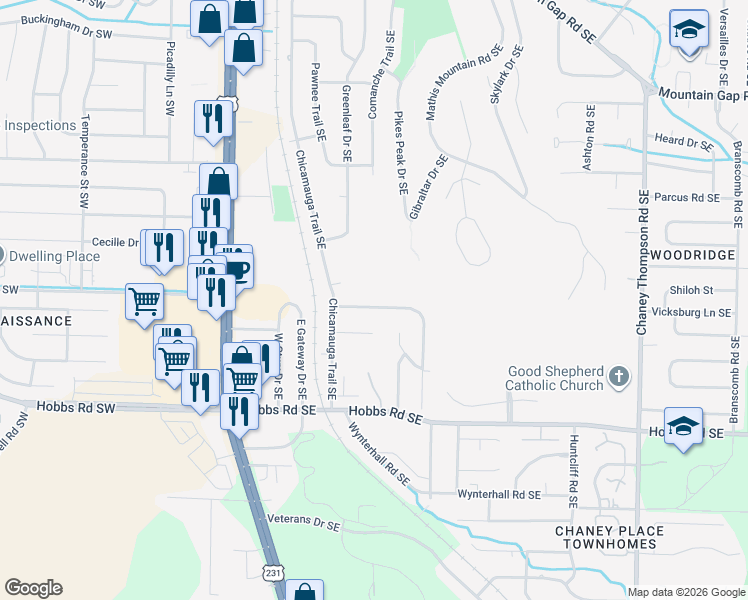 map of restaurants, bars, coffee shops, grocery stores, and more near 523 Farmingdale Road Southeast in Huntsville