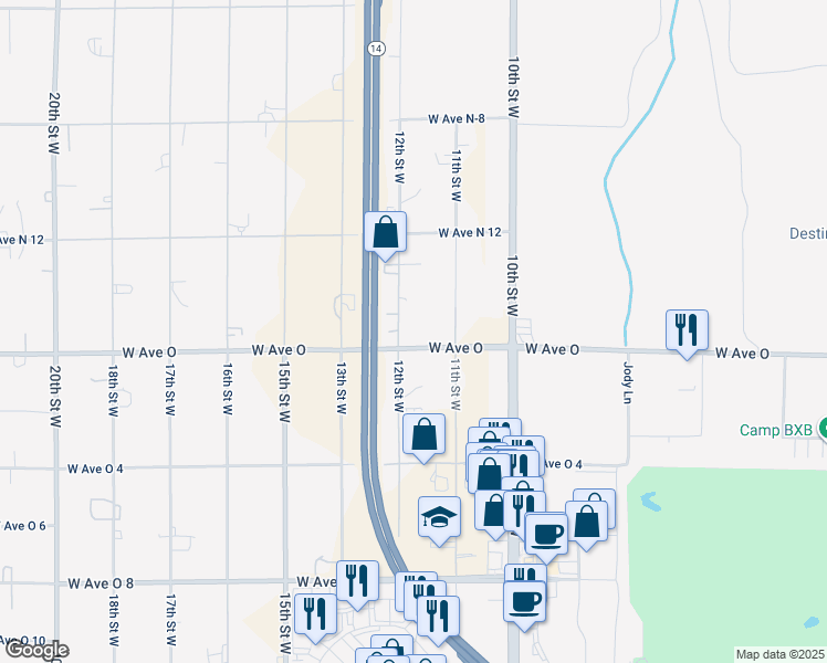map of restaurants, bars, coffee shops, grocery stores, and more near East Avenue O in Palmdale