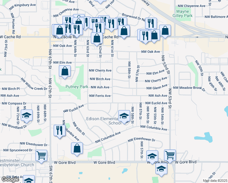 map of restaurants, bars, coffee shops, grocery stores, and more near 5727 Northwest Ash Avenue in Lawton